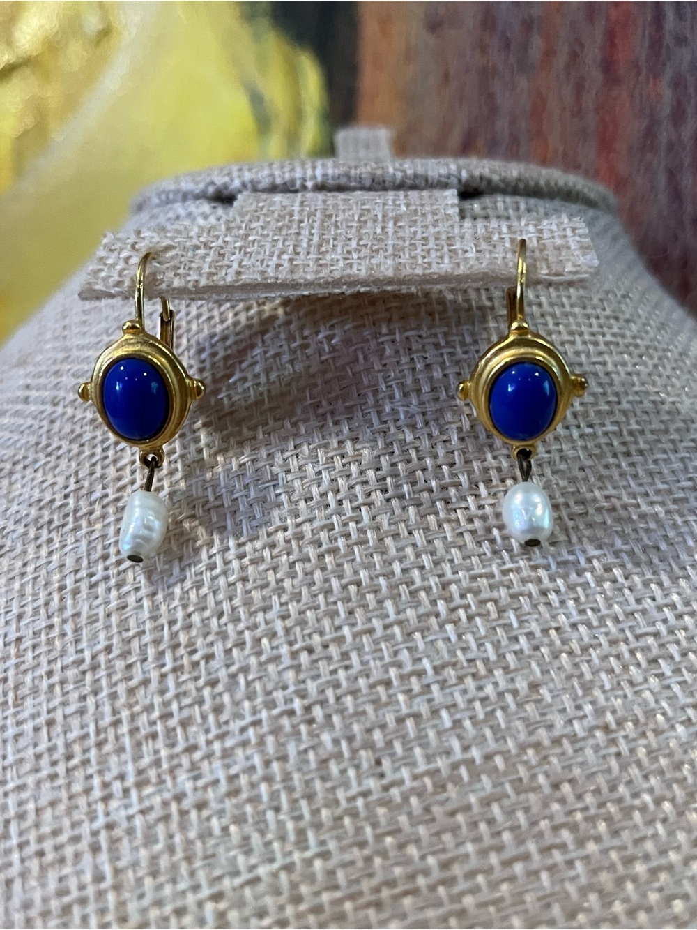 Vintage Freshwater Pearl Gold Drop Earrings with Blue Cabochon